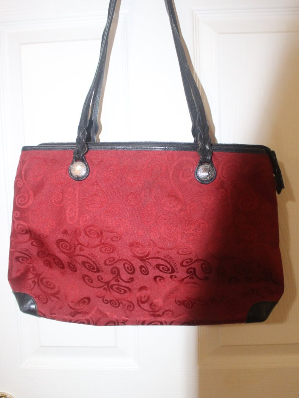Brighton Red Swirl Jacquard Zip Tote With Black Braided Straps